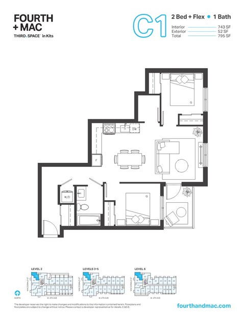 Floor plan for 2 beds, 1 bath, 743 sqft